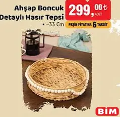 AHŞAP BONCUK DETAYLI HASIR TEPSİ 33 CM